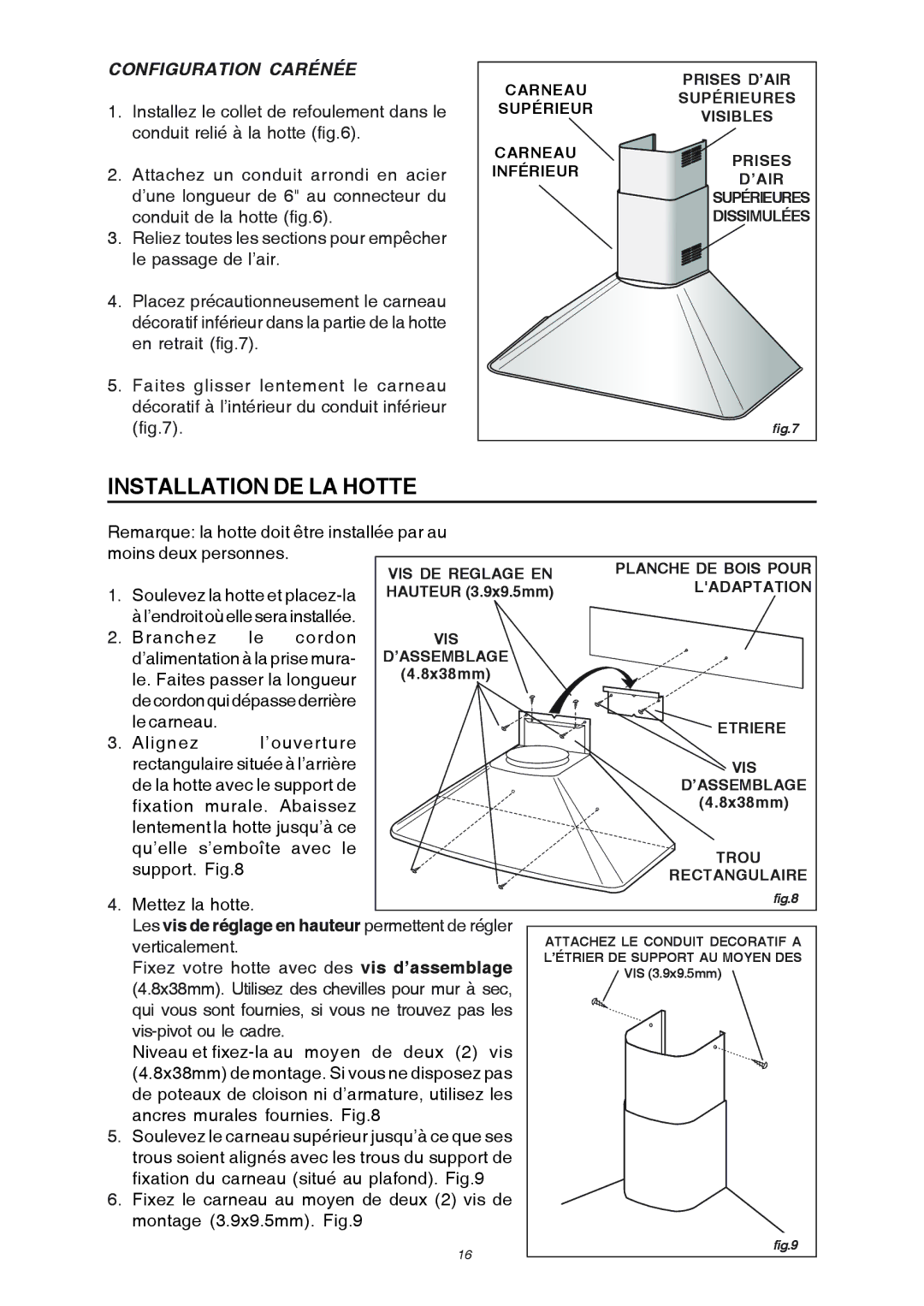 Broan RME50000 manual Installation DE LA Hotte, Configuration Carénée 