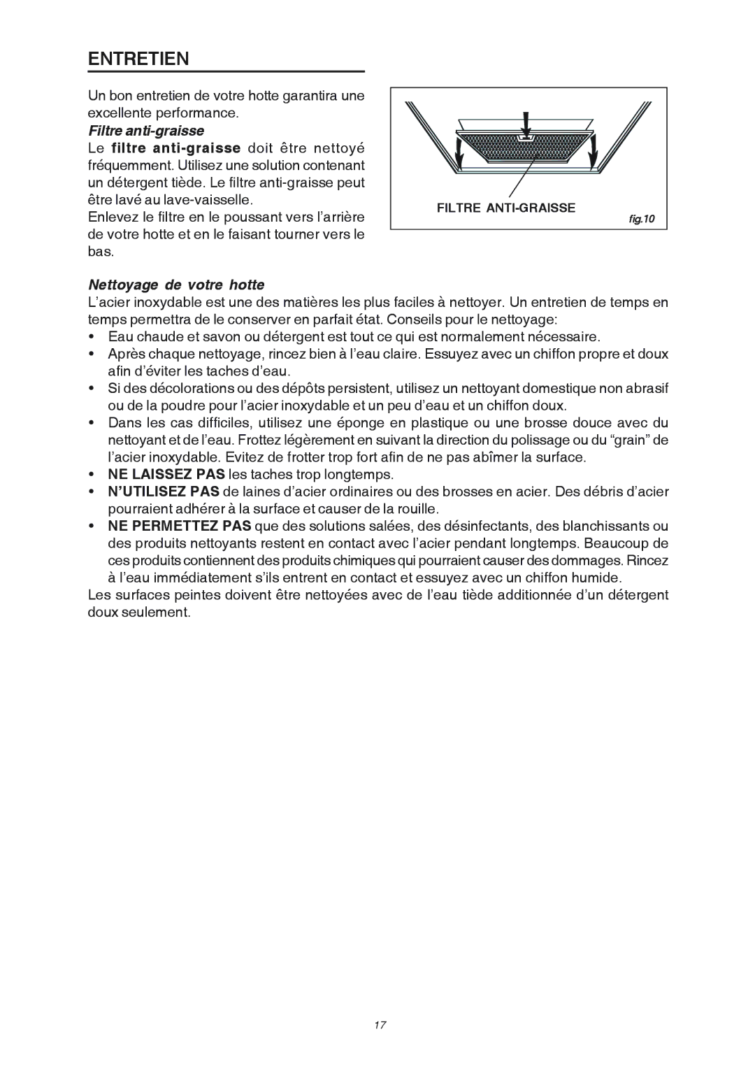 Broan RME50000 manual Entretien, Filtre anti-graisse, Nettoyage de votre hotte 