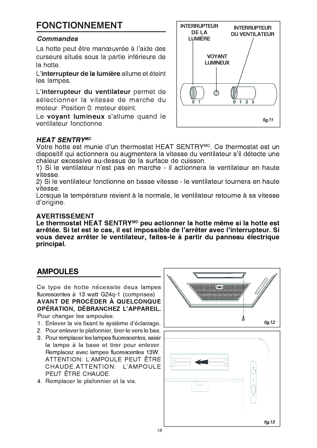 Broan RME50000 manual Fonctionnement, Ampoules 