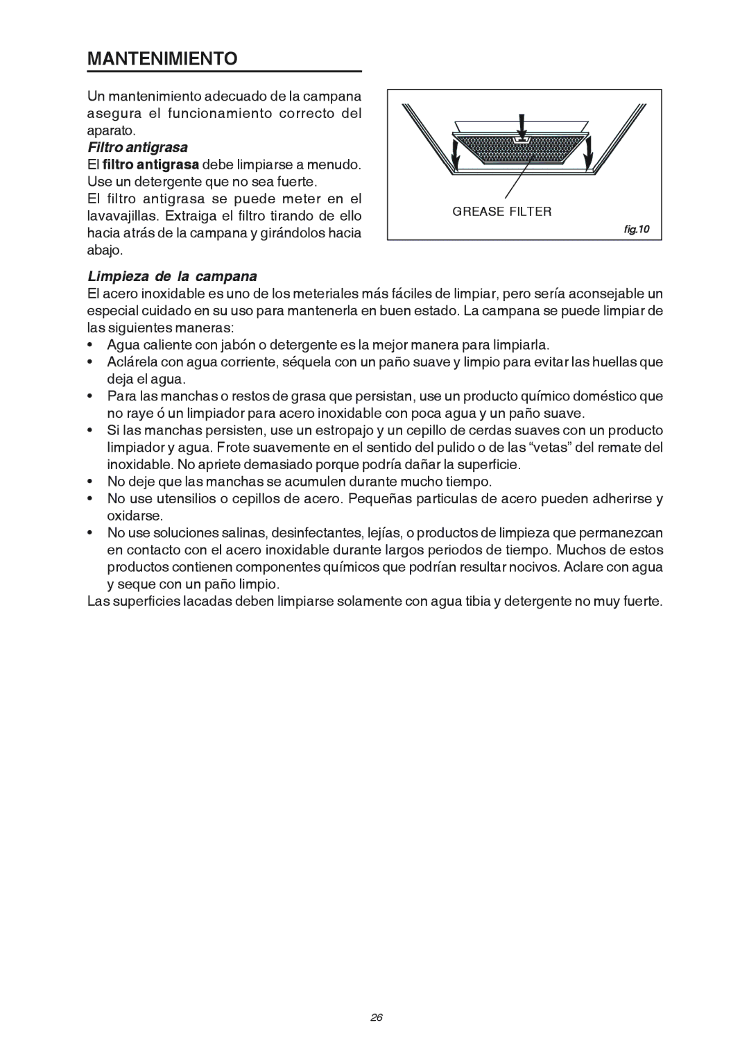 Broan RME50000 manual Mantenimiento, Filtro antigrasa, Limpieza de la campana 