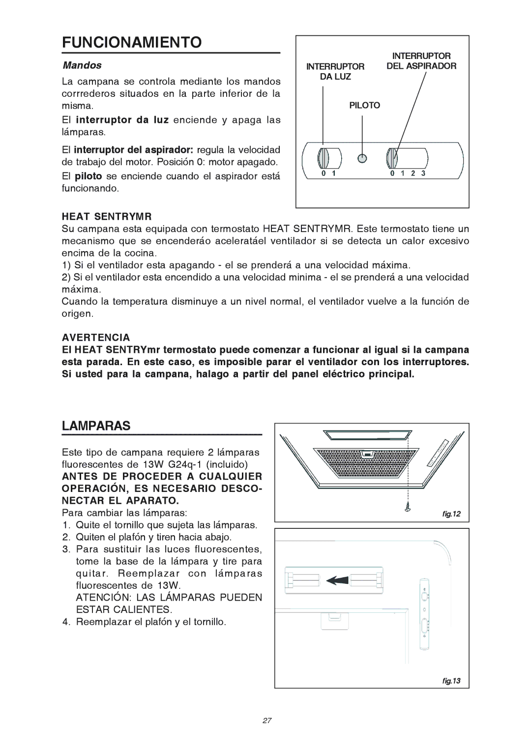 Broan RME50000 manual Funcionamiento, Lamparas, Mandos 