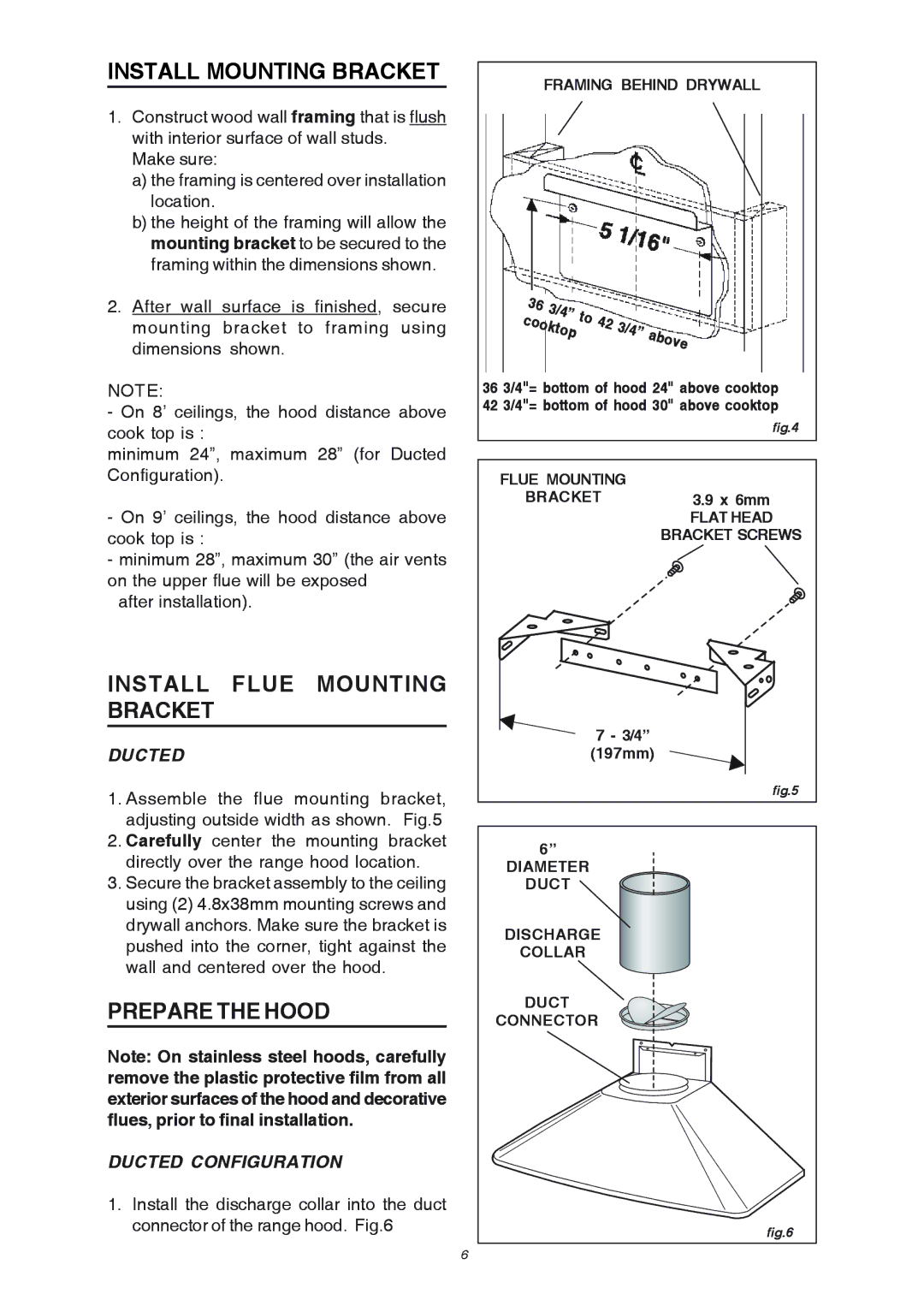 Broan RME50000 manual Install Mounting Bracket, Install Flue Mounting Bracket, Ducted Configuration 