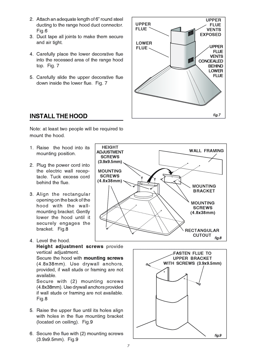 Broan RME50000 manual Install the Hood, Height adjustment screws provide 