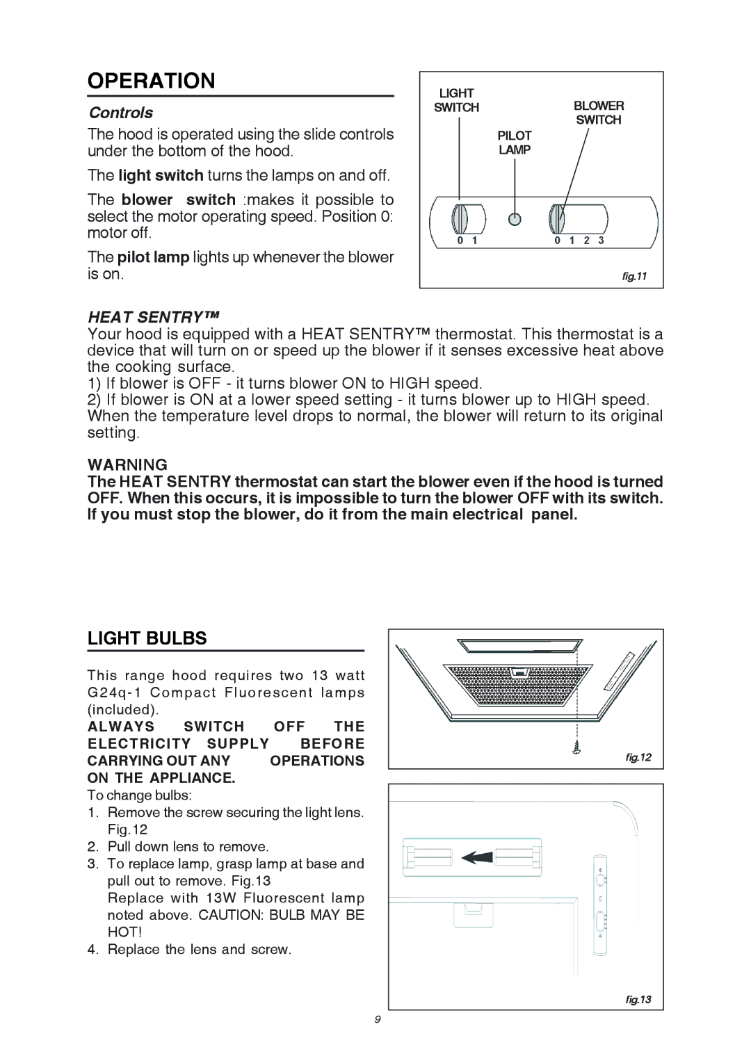 Broan RME50000 manual Operation, Light Bulbs 