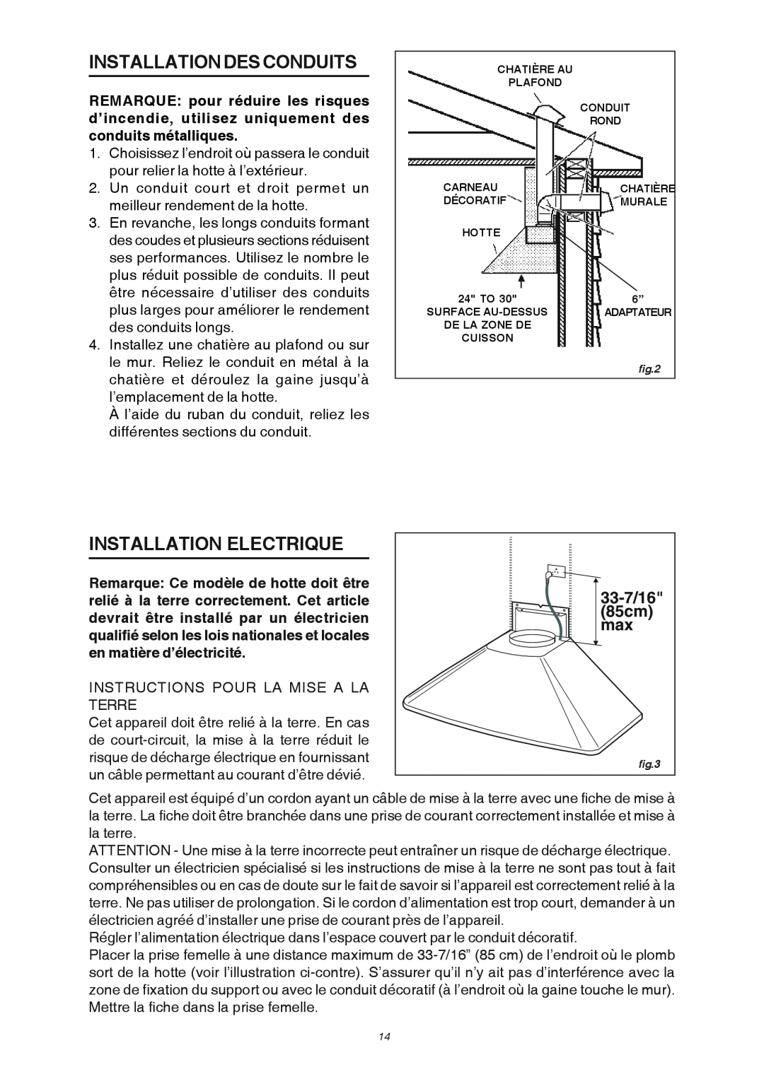 Broan RME50000 manual Installation Des Conduits, Installation Electrique, 85cm, 33-7/16 