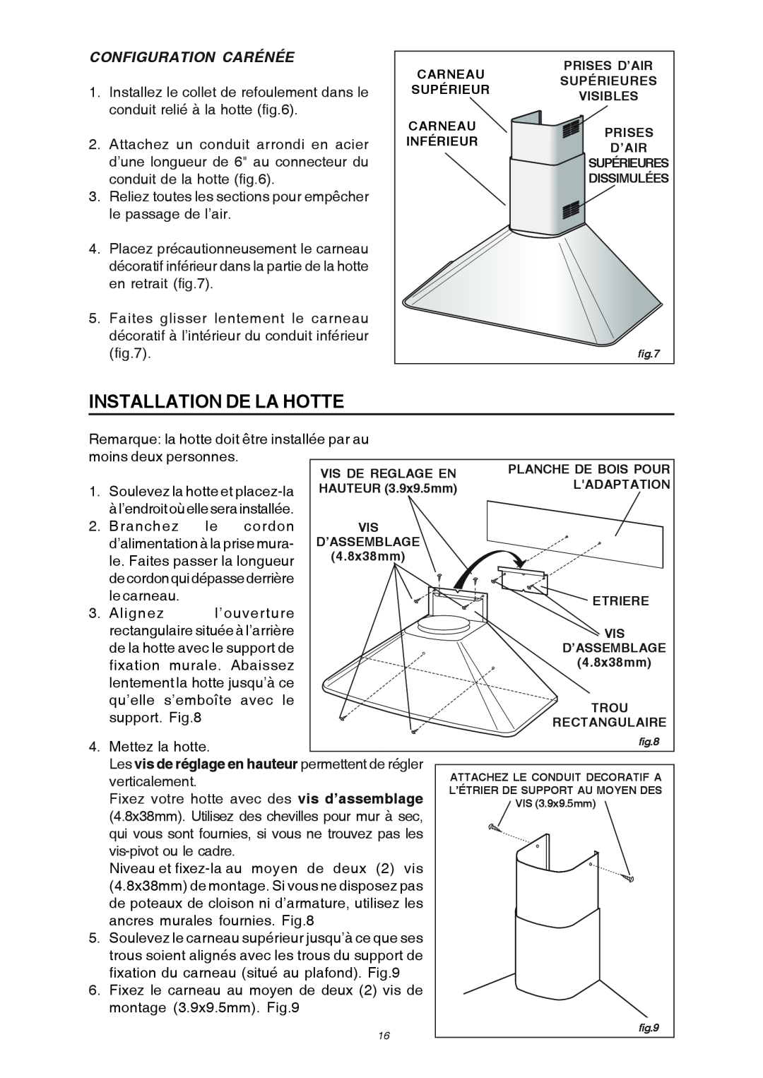 Broan RME50000 manual Installation De La Hotte, Configuration Carénée 