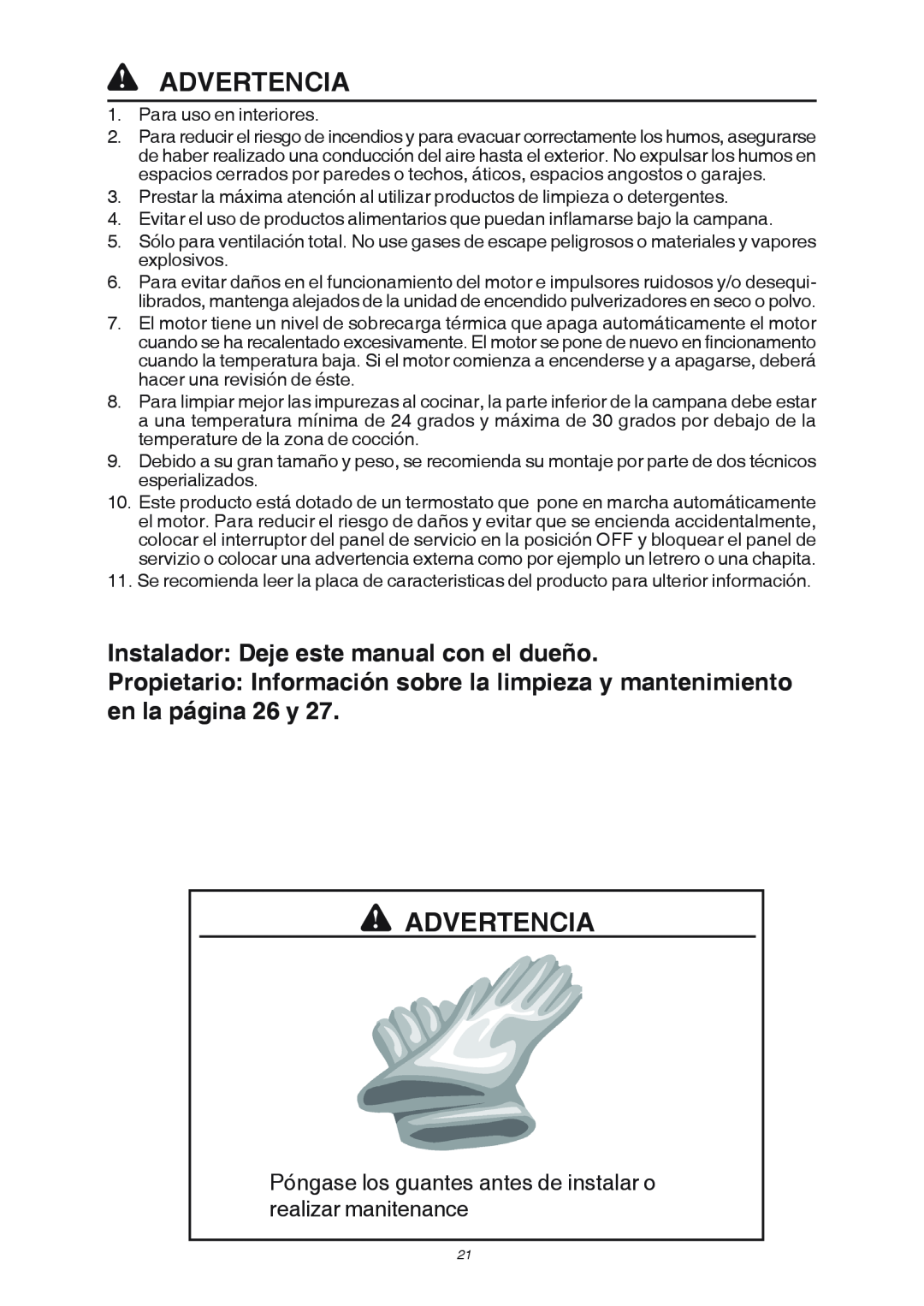 Broan RME50000 Instalador Deje este manual con el dueño, Póngase los guantes antes de instalar o realizar manitenance 