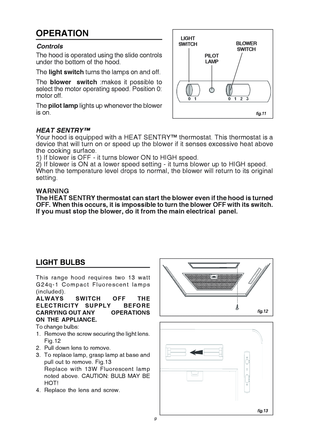 Broan RME50000 manual Operation, Light Bulbs, Controls, Heat Sentry 
