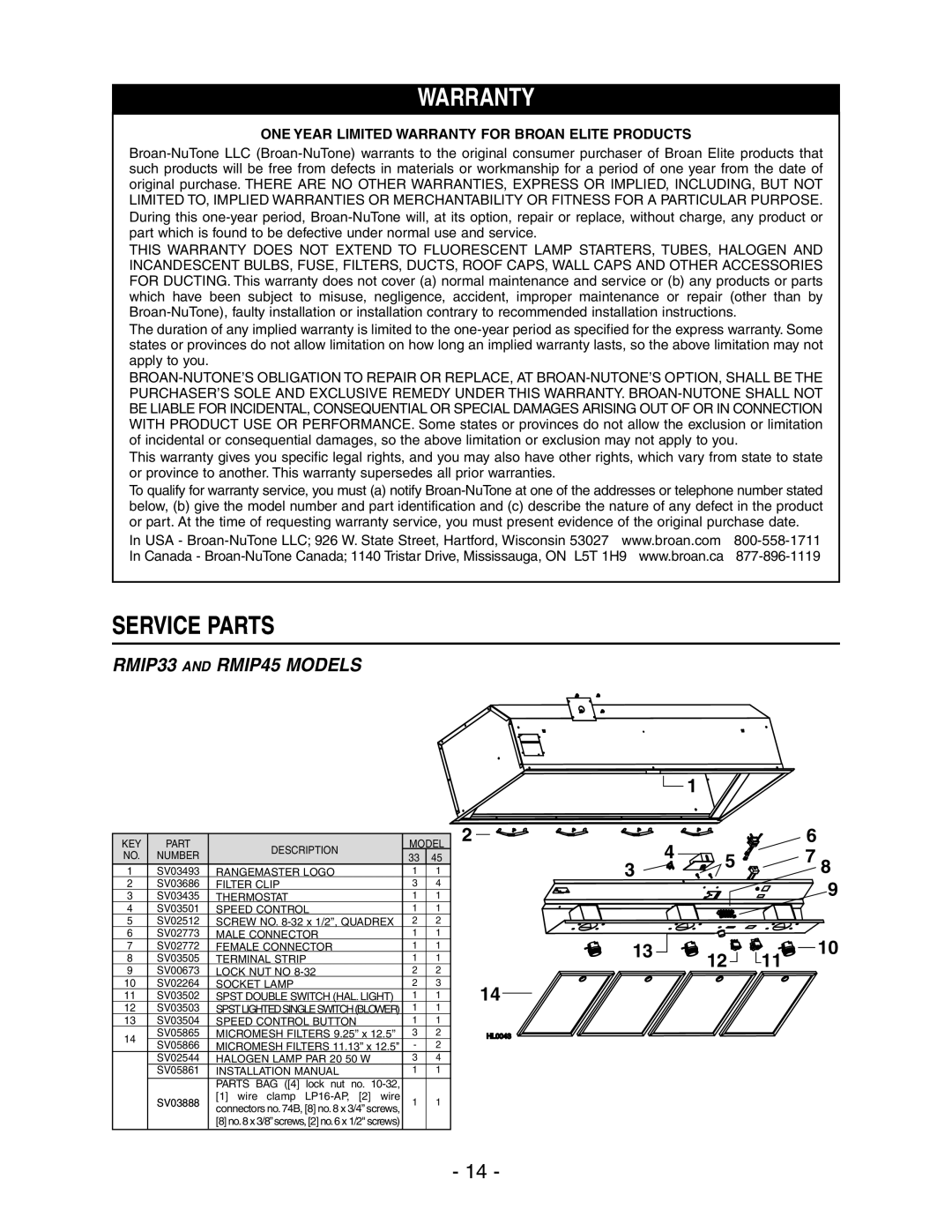 Broan RMIP33 installation instructions ONE Year Limited Warranty for Broan Elite Products 