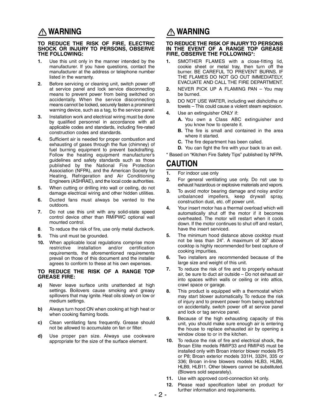 Broan RMIP33 installation instructions To Reduce the Risk of a Range TOP Grease Fire 