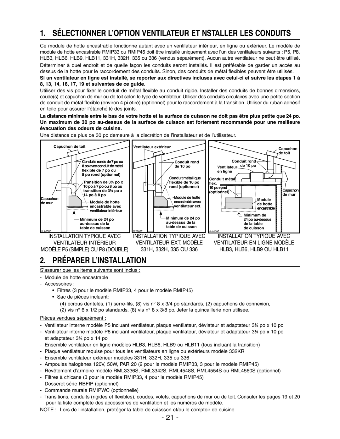 Broan RMIP33 installation instructions Sélectionner L’OPTION Ventilateur ET Nstaller LES Conduits, Préparer L’INSTALLATION 