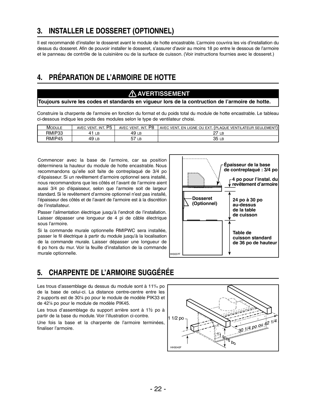 Broan RMIP33 Installer LE Dosseret Optionnel, Préparation DE L’ARMOIRE DE Hotte, Charpente DE L’ARMOIRE Suggérée 