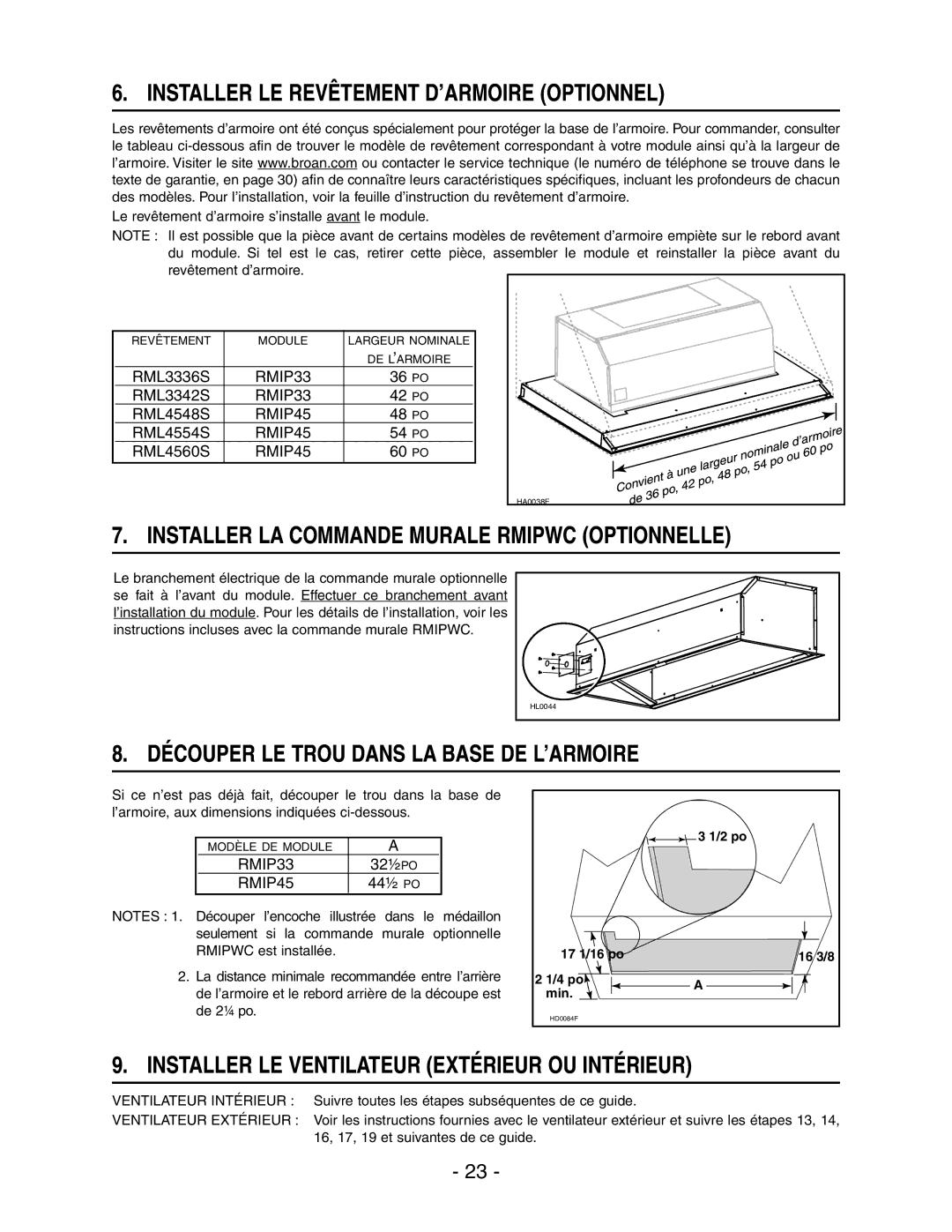 Broan RMIP33 Installer LE Revêtement D’ARMOIRE Optionnel, Installer LA Commande Murale Rmipwc Optionnelle, De L’Armoire 