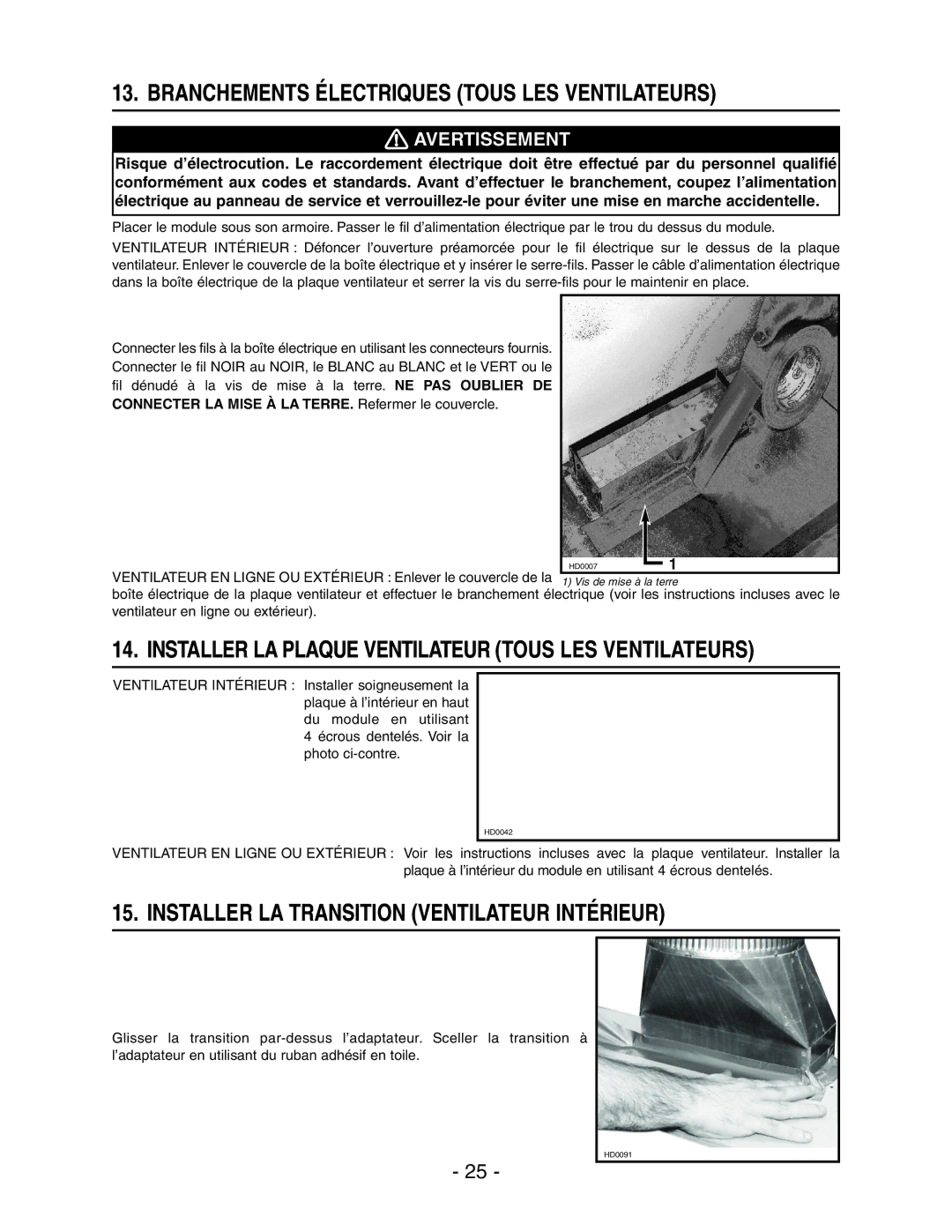 Broan RMIP33 Branchements Électriques Tous LES Ventilateurs, Installer LA Plaque Ventilateur Tous LES Ventilateurs 