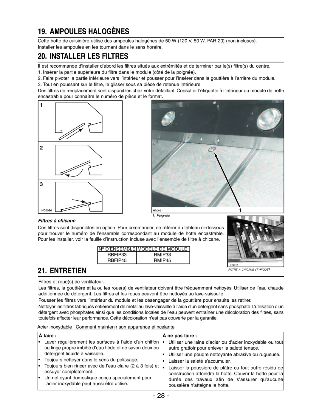 Broan RMIP33 installation instructions Ampoules Halogènes, Installer LES Filtres, Entretien, Faire, Ne pas faire 