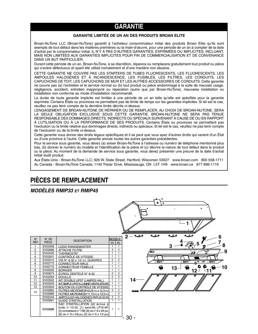 Broan RMIP33 installation instructions Garantie Limitée DE UN AN DES Produits Broan Elite 