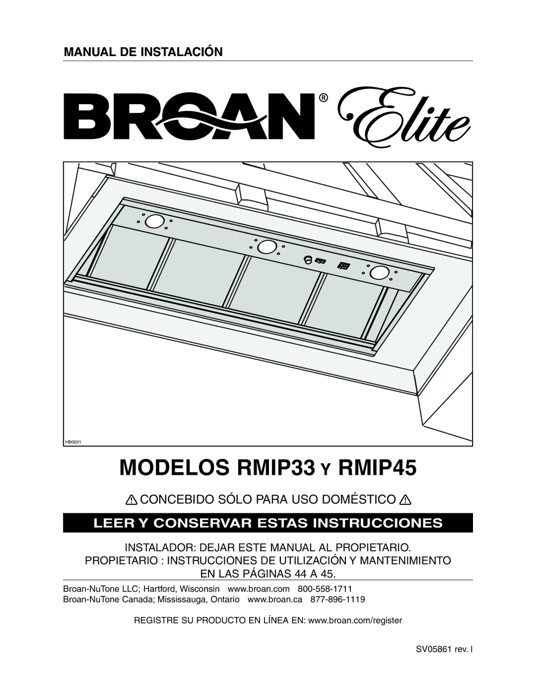 Broan installation instructions Modelos RMIP33 Y RMIP45 