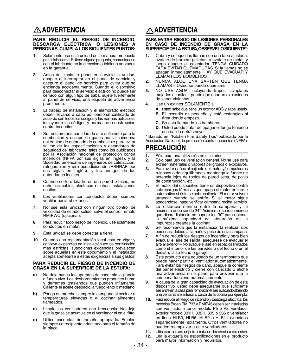 Broan RMIP33 installation instructions Advertencia 