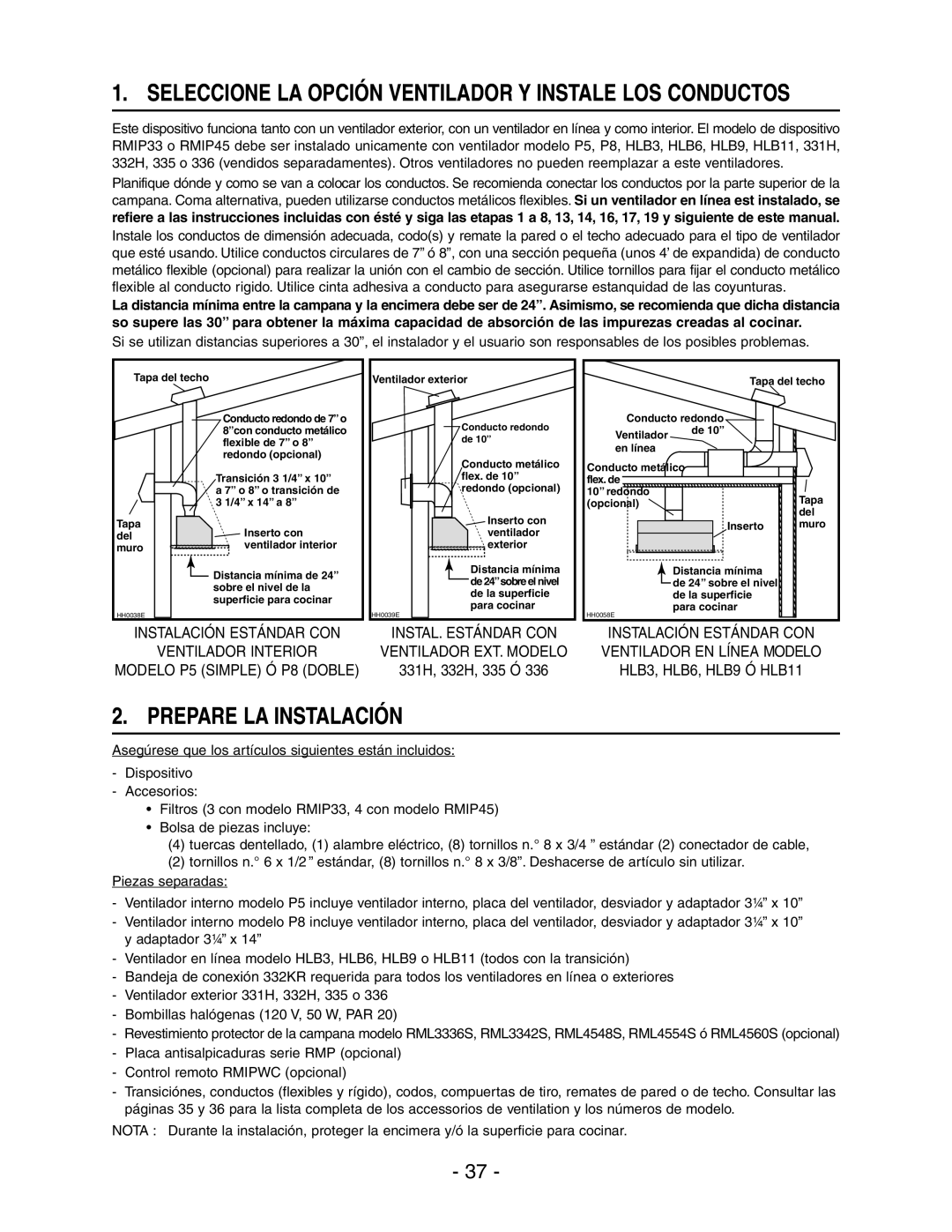 Broan RMIP33 installation instructions Seleccione LA Opción Ventilador Y Instale LOS Conductos, Prepare LA Instalación 