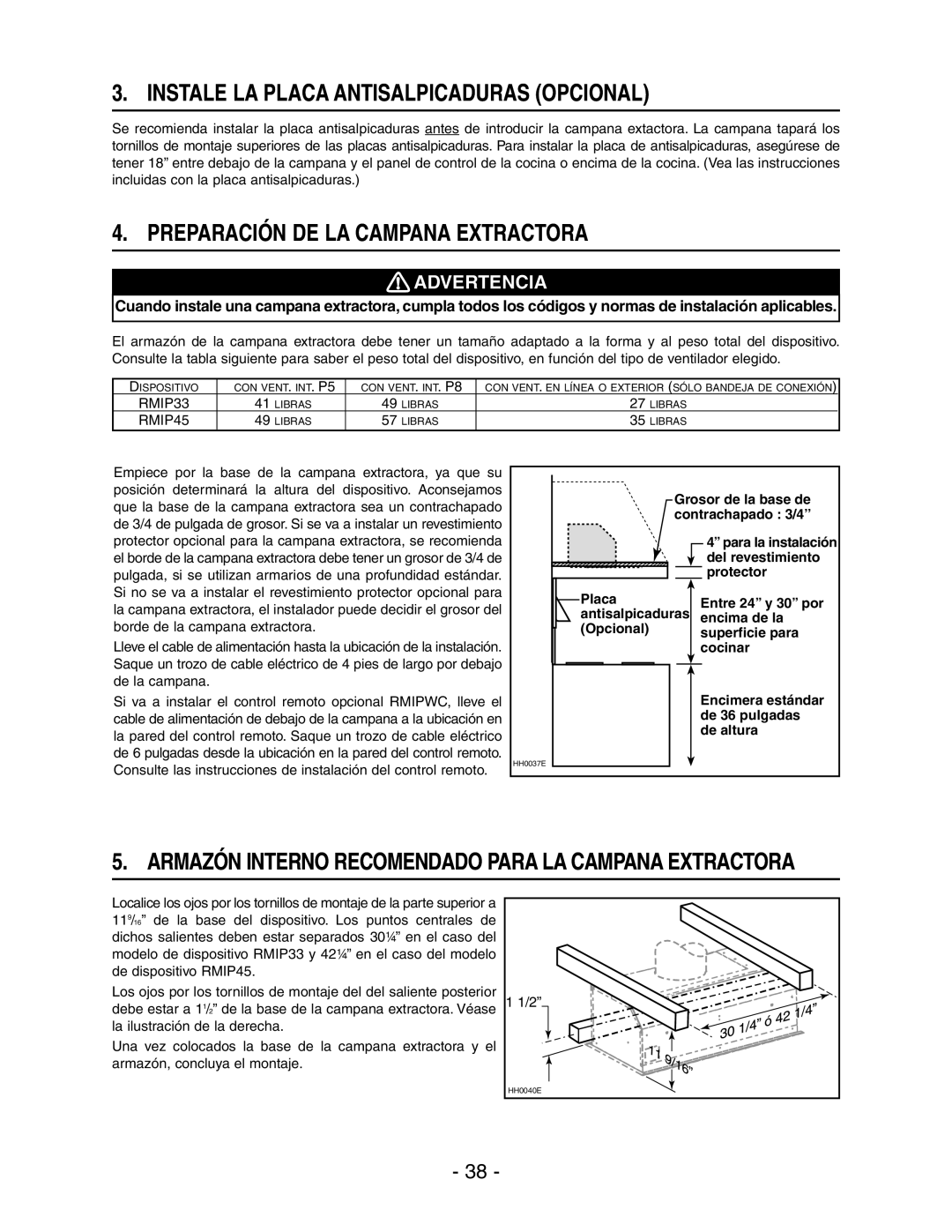 Broan RMIP33 installation instructions Instale LA Placa Antisalpicaduras Opcional, Preparación DE LA Campana Extractora 