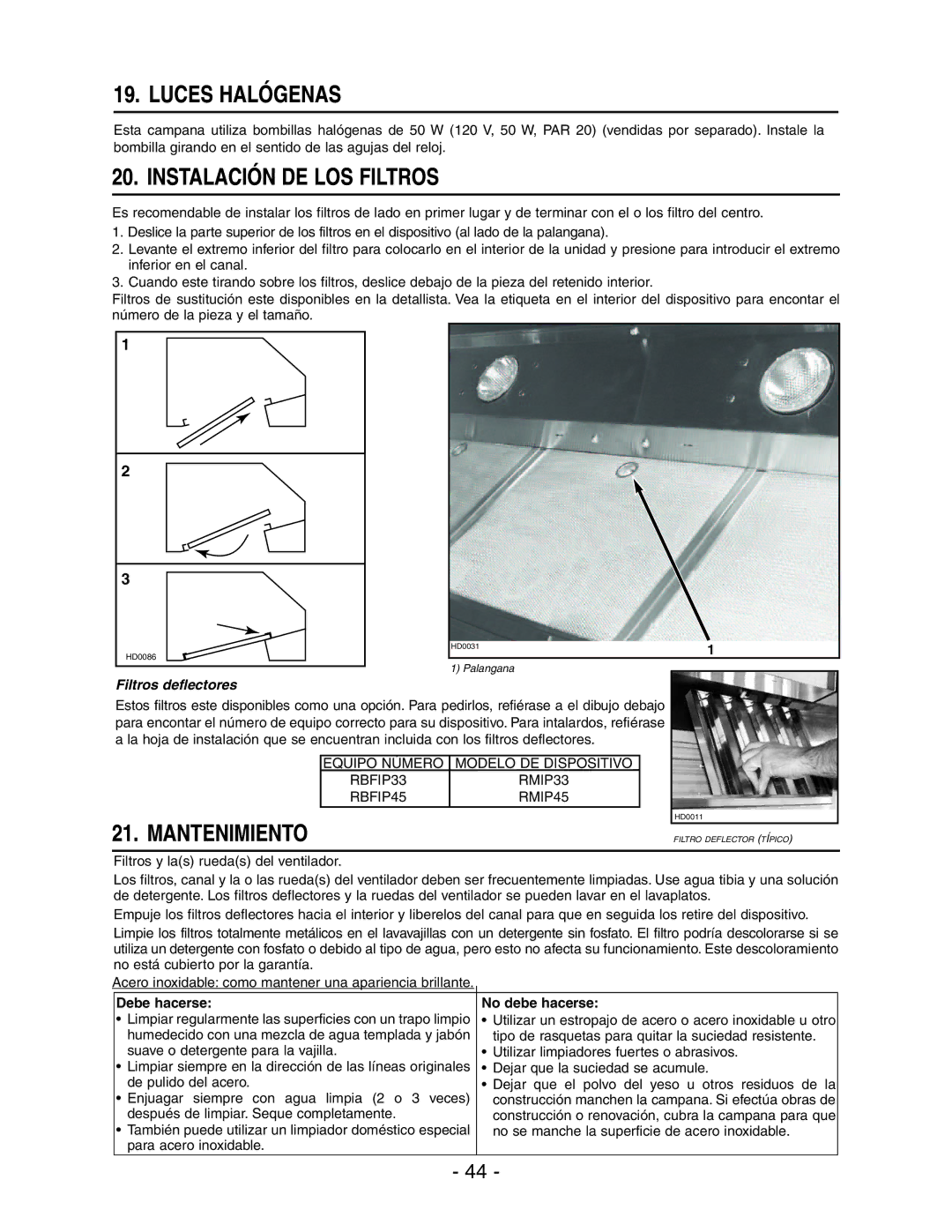 Broan RMIP33 Luces Halógenas, Instalación DE LOS Filtros, Mantenimiento, Debe hacerse, No debe hacerse 