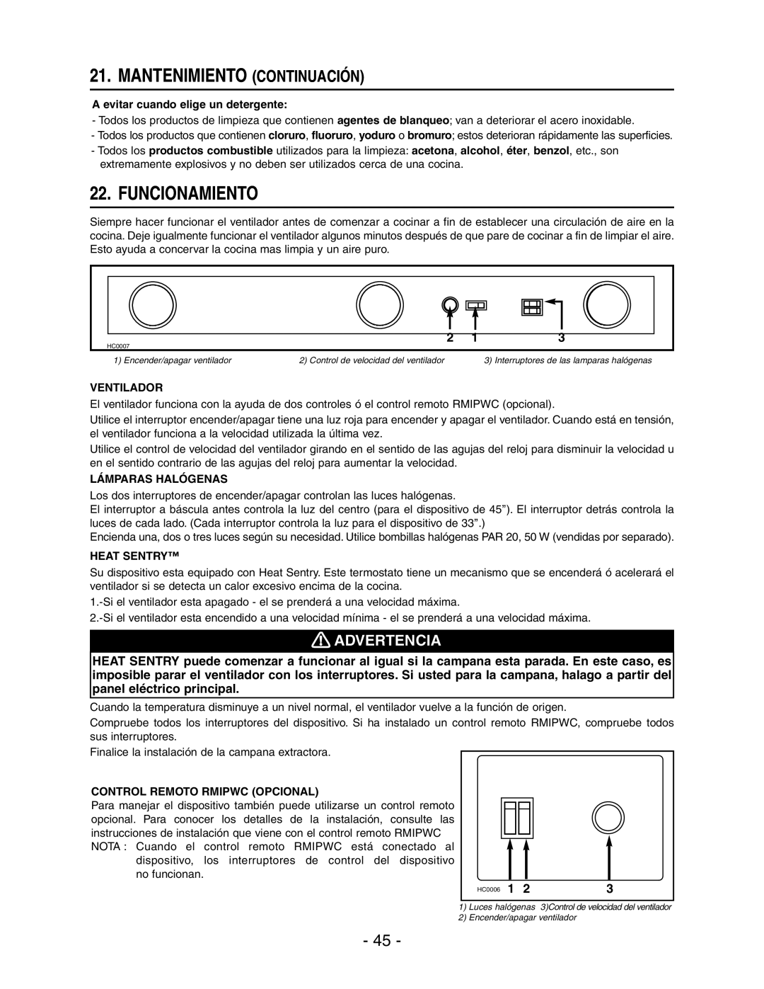 Broan RMIP33 Mantenimiento Continuación, Funcionamiento, Ventilador, Lámparas Halógenas, Control Remoto Rmipwc Opcional 