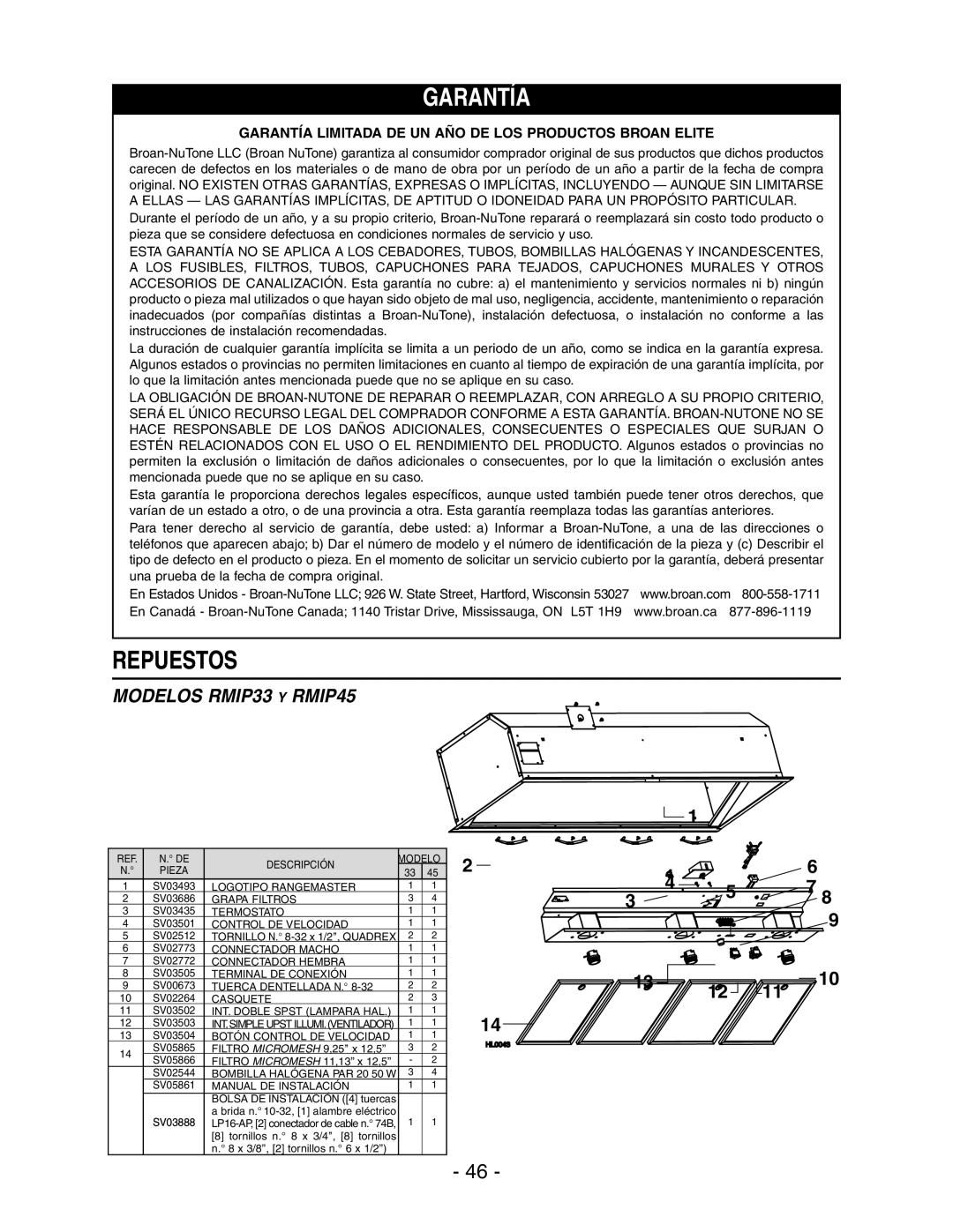 Broan RMIP33 installation instructions Garantía Limitada DE UN AÑO DE LOS Productos Broan Elite 