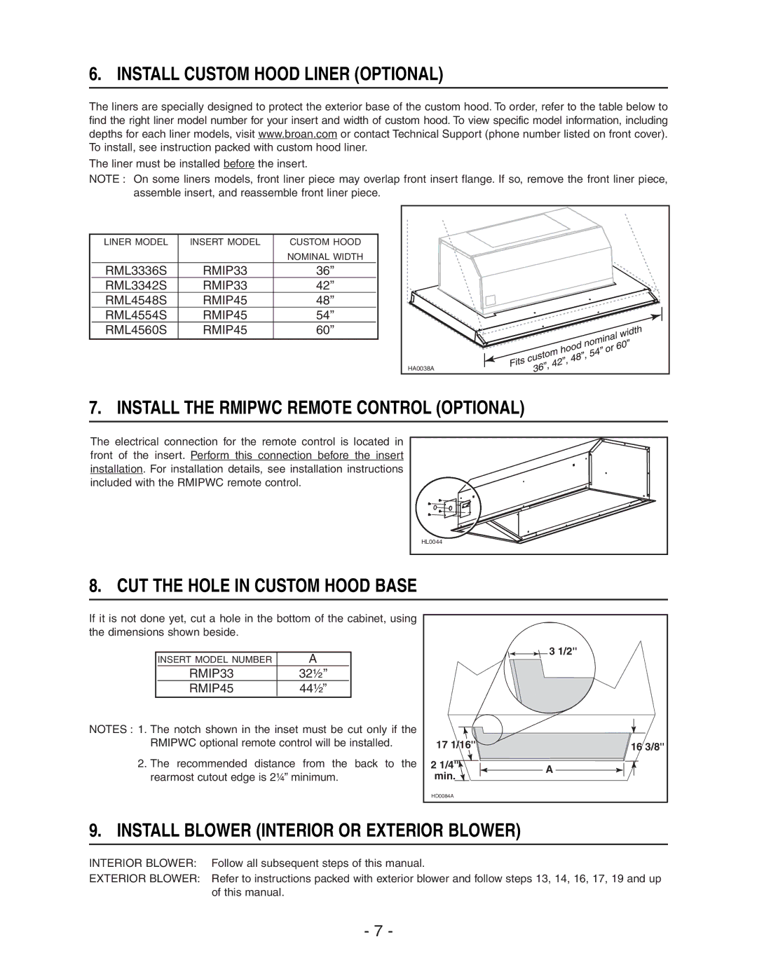 Broan RMIP33 Install Custom Hood Liner Optional, Install the Rmipwc Remote Control Optional, Nominal Width 