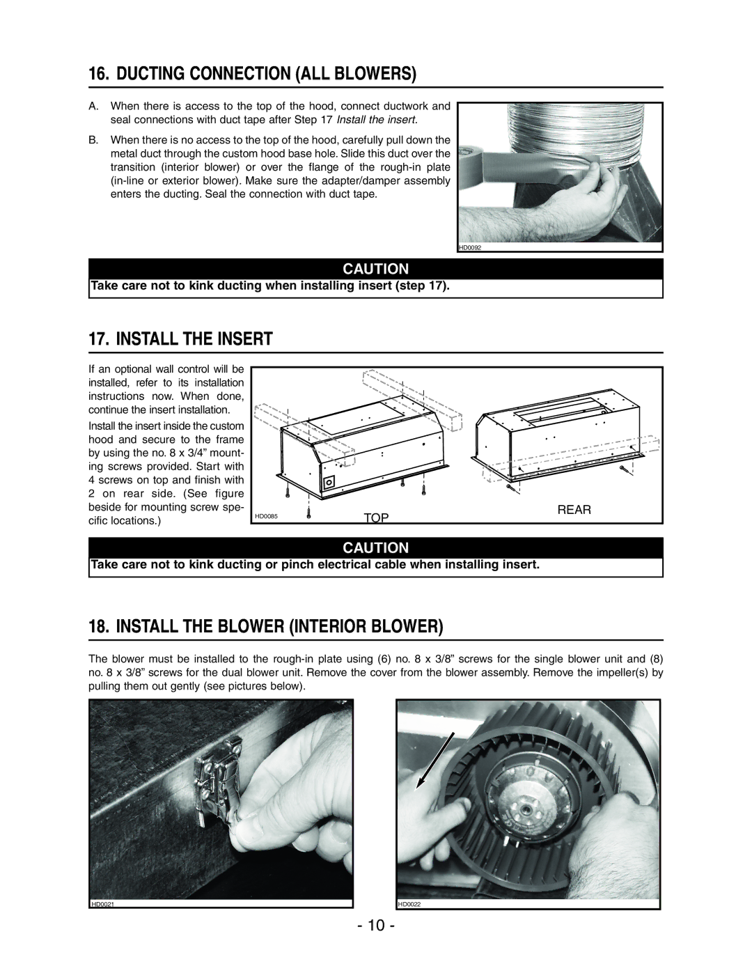 Broan RMIP45, RMIP33 Ducting Connection ALL Blowers, Install the Insert, Install the Blower Interior Blower 