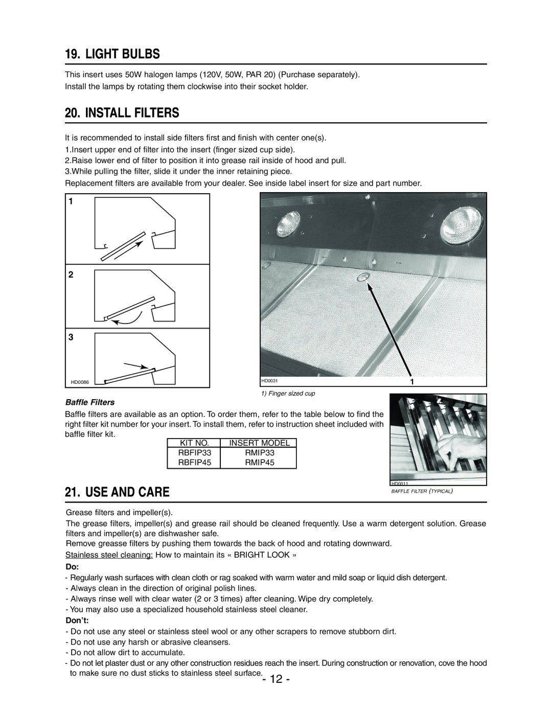 Broan RMIP45, RMIP33 installation instructions Light Bulbs, Install Filters, USE and Care, Don’t 