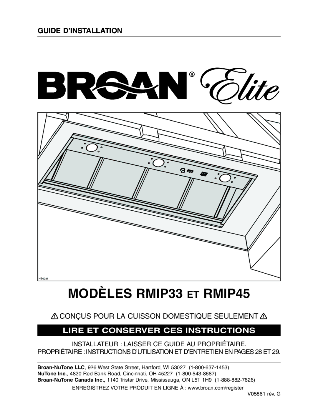 Broan installation instructions Modèles RMIP33 ET RMIP45 