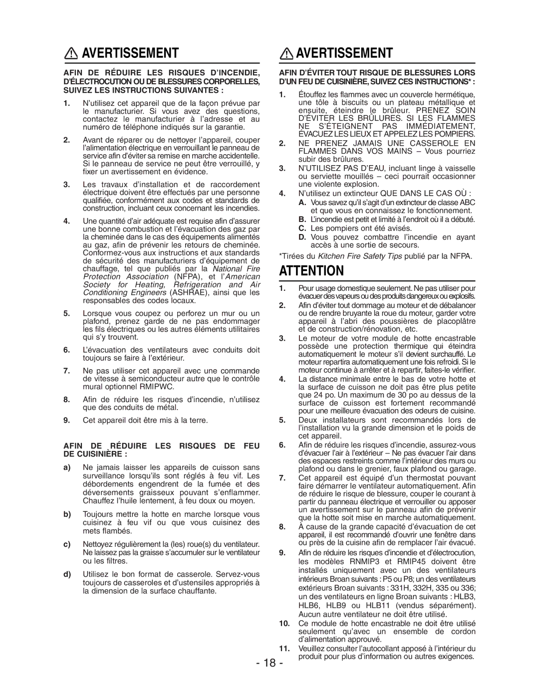 Broan RMIP45, RMIP33 installation instructions Avertissement, Afin DE Réduire LES Risques DE FEU DE Cuisinière 