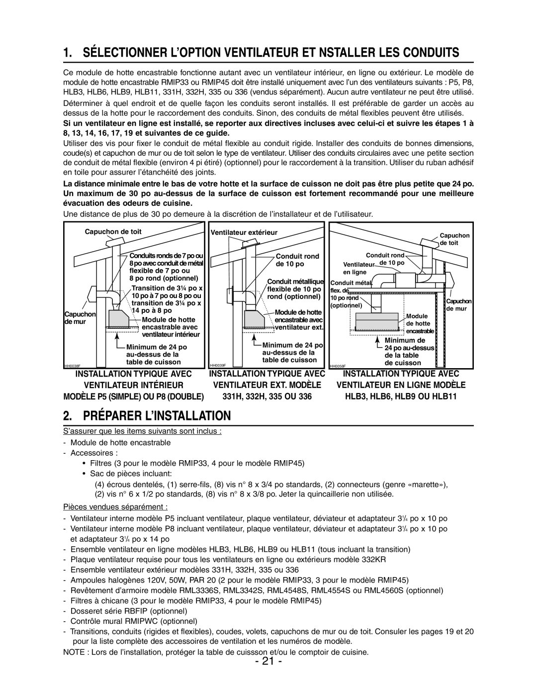 Broan RMIP33 Sélectionner L’OPTION Ventilateur ET Nstaller LES Conduits, Préparer L’INSTALLATION, 331H, 332H, 335 OU 