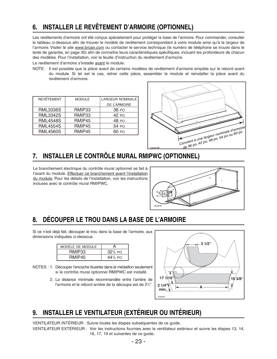 Broan RMIP33, RMIP45 Installer LE Revêtement D’ARMOIRE Optionnel, Installer LE Contrôle Mural Rmipwc Optionnel 