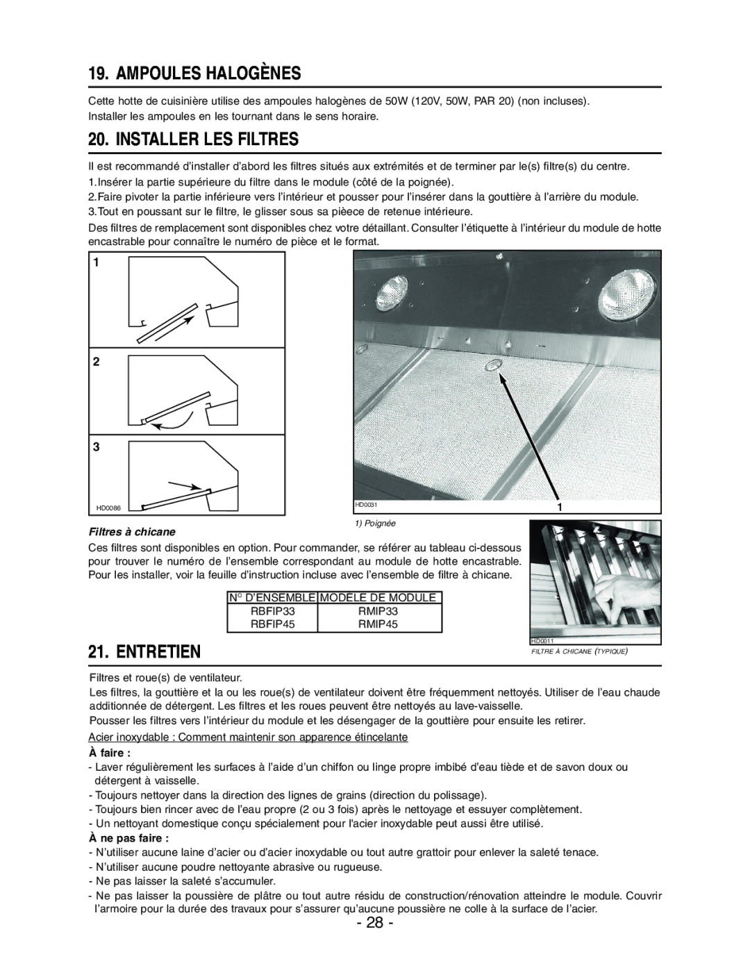 Broan RMIP45, RMIP33 installation instructions Ampoules Halogènes, Installer LES Filtres, Entretien, Faire, Ne pas faire 