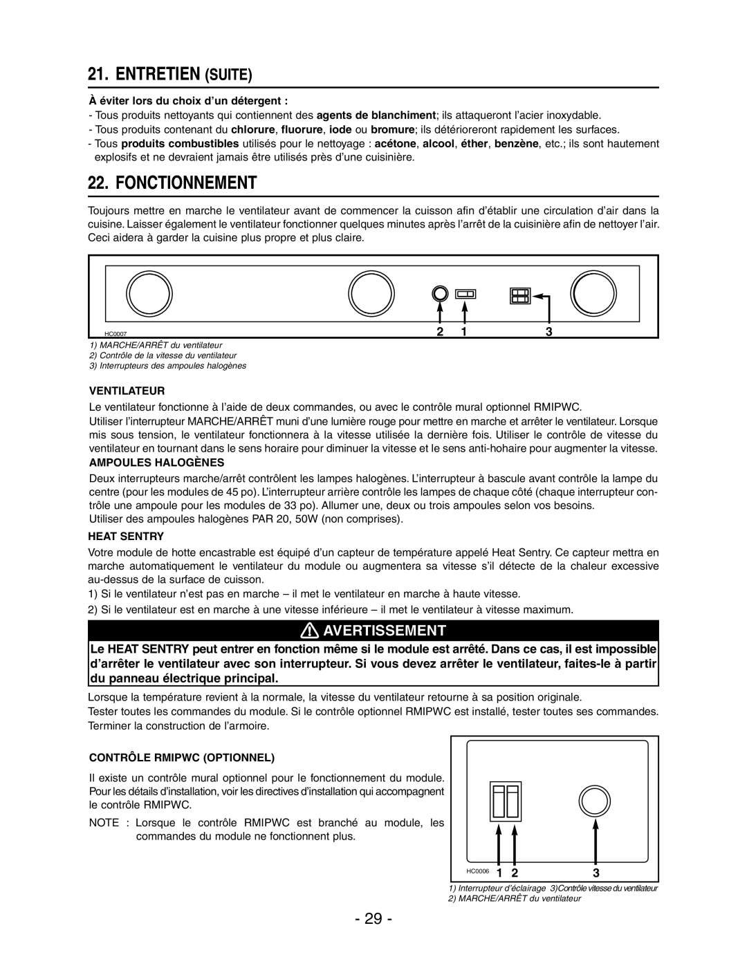 Broan RMIP33, RMIP45 Entretien Suite, Fonctionnement, Ventilateur, Ampoules Halogènes, Contrôle Rmipwc Optionnel 