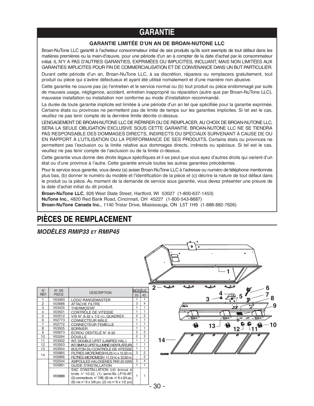 Broan RMIP45, RMIP33 installation instructions Garantie 