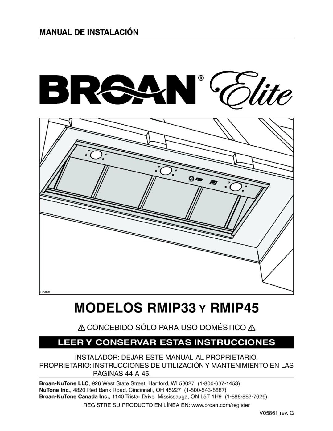 Broan installation instructions Modelos RMIP33 Y RMIP45 