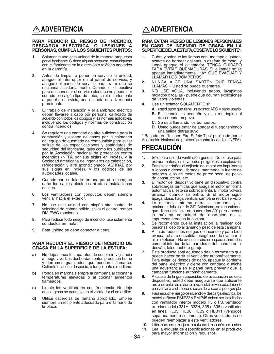 Broan RMIP45, RMIP33 installation instructions Advertencia 