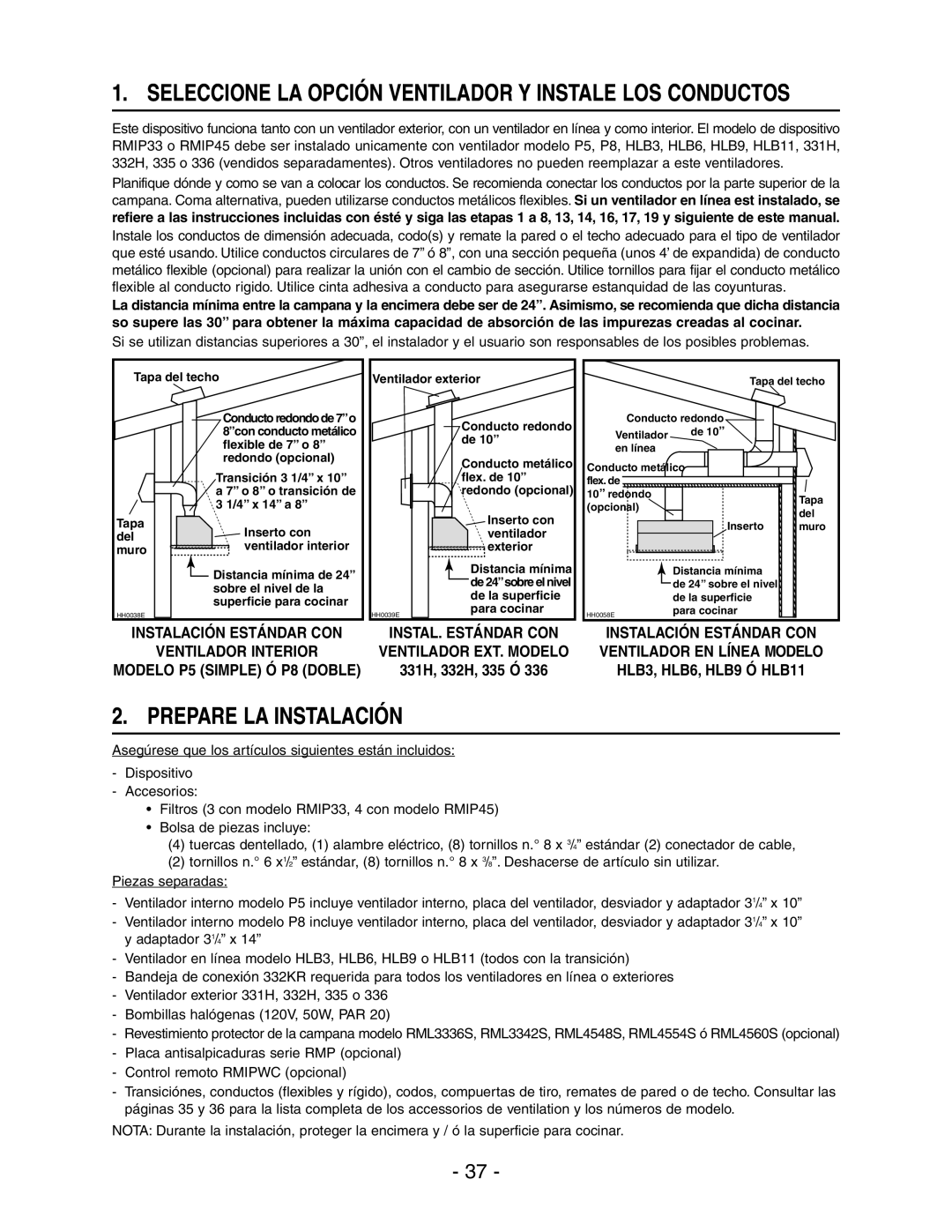 Broan RMIP33, RMIP45 Seleccione LA Opción Ventilador Y Instale LOS Conductos, Prepare LA Instalación, 331H, 332H, 335 Ó 