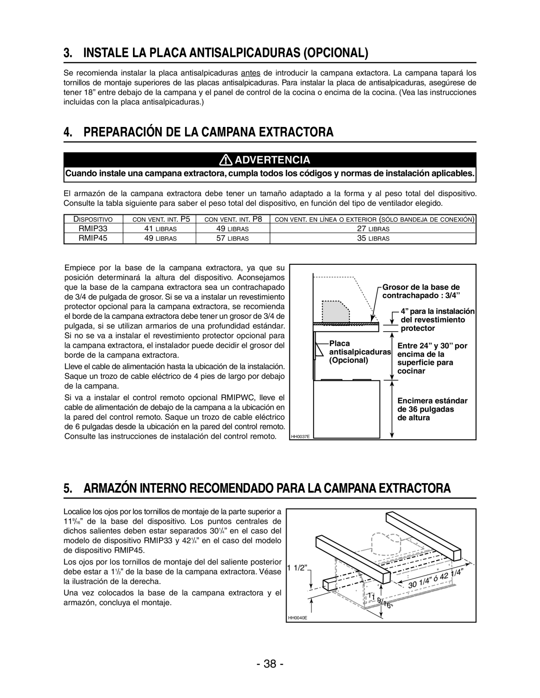 Broan RMIP45, RMIP33 Instale LA Placa Antisalpicaduras Opcional, Preparación DE LA Campana Extractora 