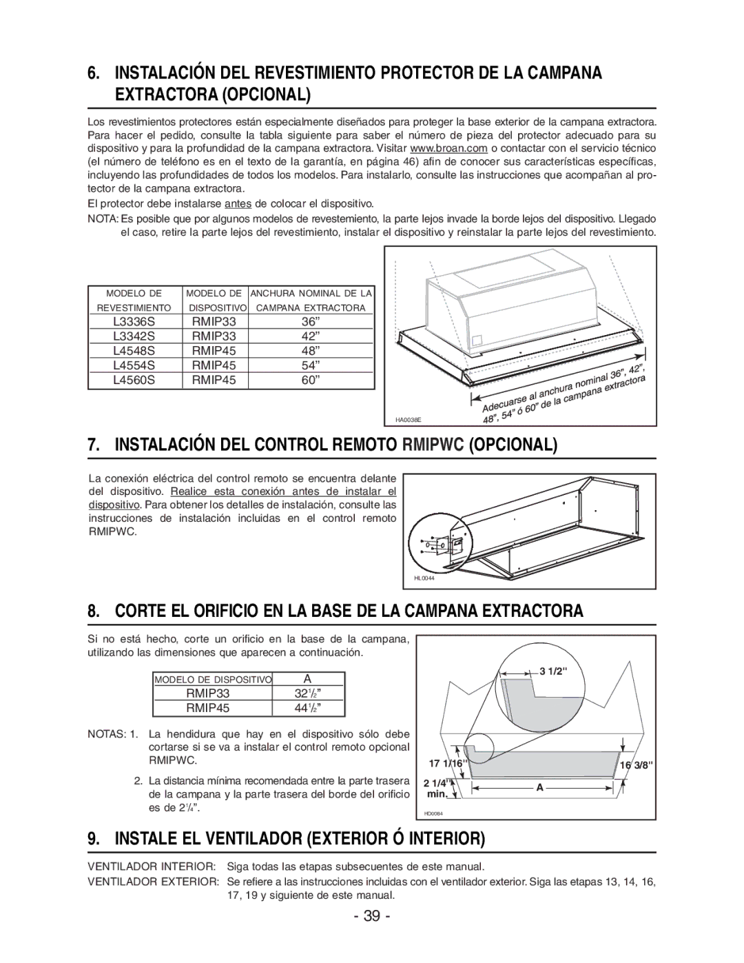 Broan RMIP33, RMIP45 Instalación DEL Control Remoto Rmipwc Opcional, Corte EL Orificio EN LA Base DE LA Campana Extractora 