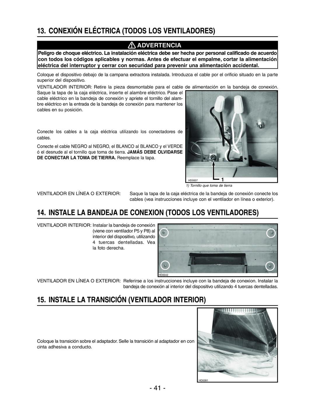 Broan RMIP33, RMIP45 Conexión Eléctrica Todos LOS Ventiladores, Instale LA Bandeja DE Conexion Todos LOS Ventiladores 