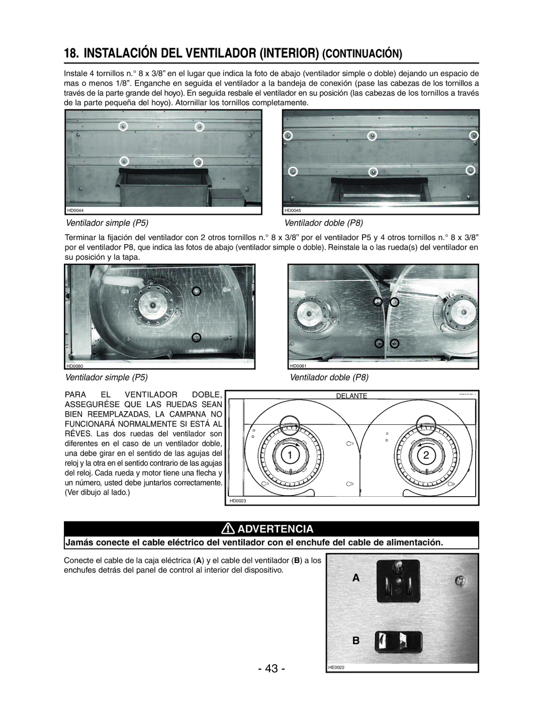 Broan RMIP33, RMIP45 installation instructions Instalación DEL Ventilador Interior Continuación, Ventilador doble P8 