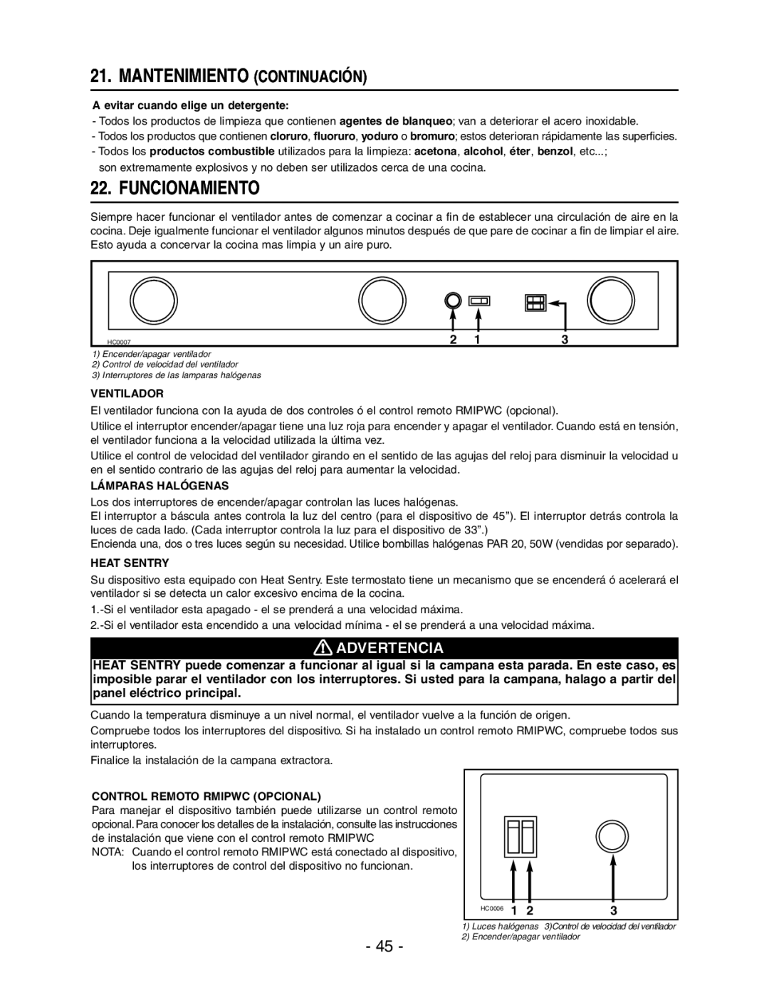 Broan RMIP33 Mantenimiento Continuación, Funcionamiento, Ventilador, Lámparas Halógenas, Control Remoto Rmipwc Opcional 