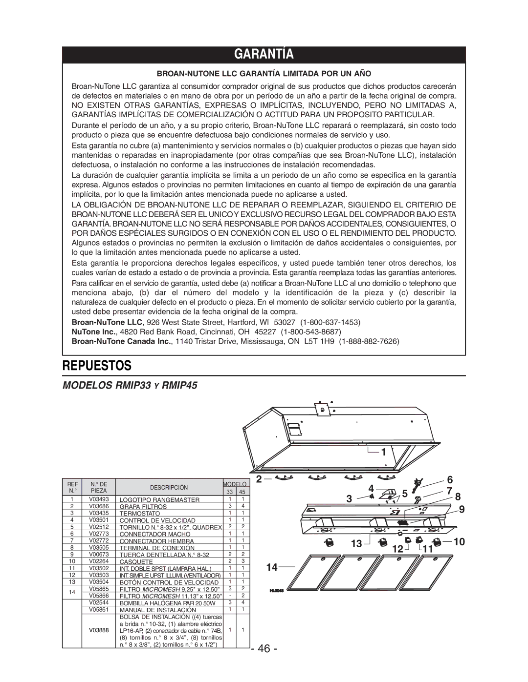 Broan RMIP45, RMIP33 installation instructions BROAN-NUTONE LLC Garantía Limitada POR UN AÑO 