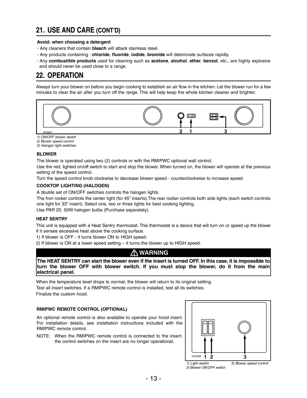 Broan RMIP33, RMIP45 installation instructions USE and Care CONT’D, Operation 