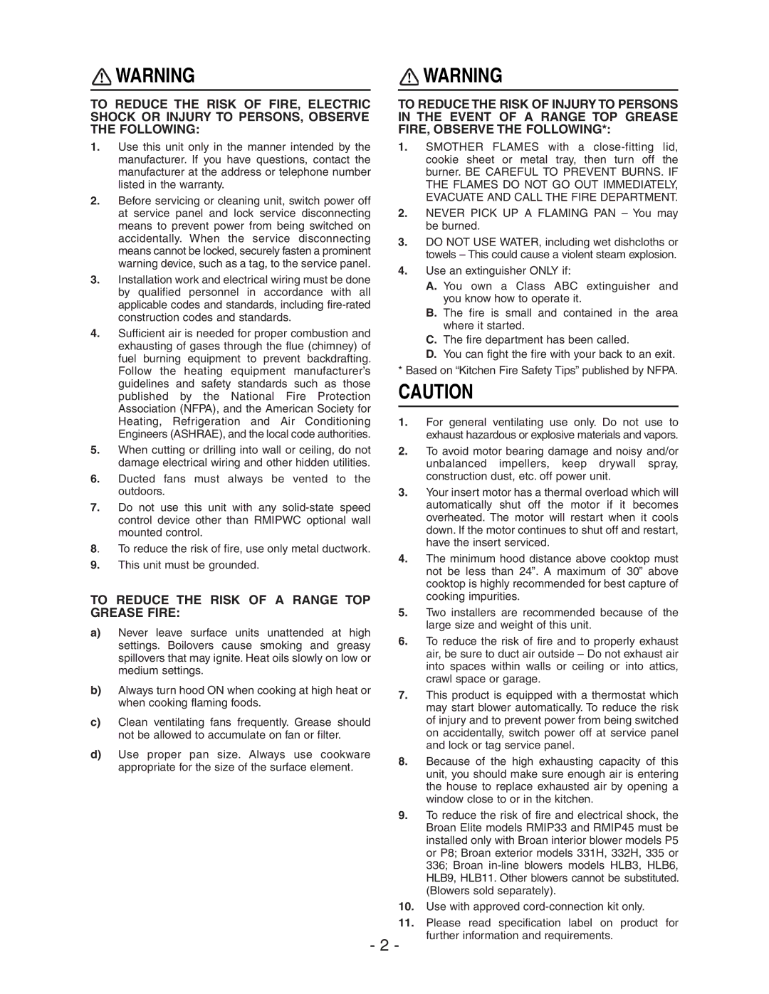 Broan RMIP45, RMIP33 installation instructions Flames do not GO OUT Immediately, Evacuate and Call the Fire Department 