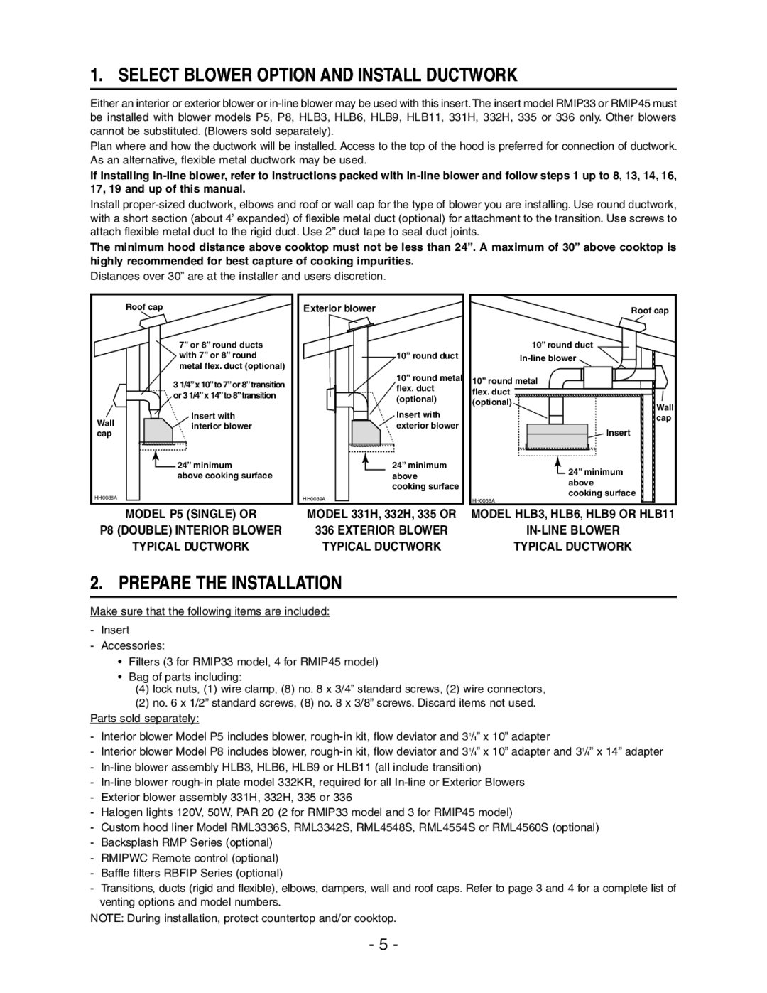 Broan RMIP33, RMIP45 installation instructions Select Blower Option and Install Ductwork, Prepare the Installation 