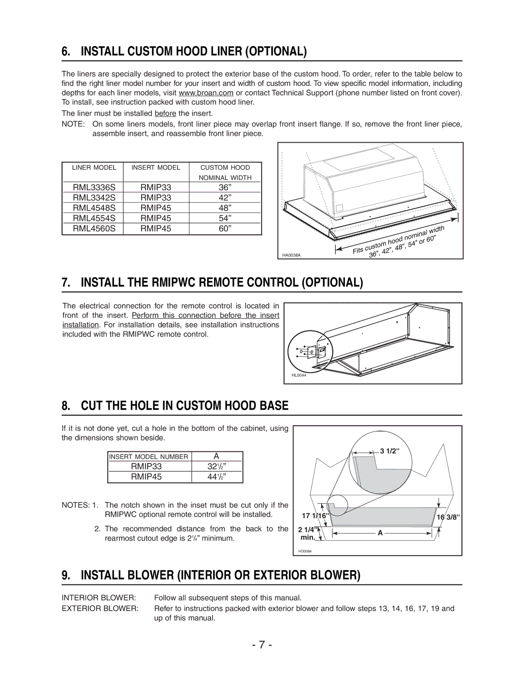 Broan RMIP33, RMIP45 Install Custom Hood Liner Optional, Install the Rmipwc Remote Control Optional 